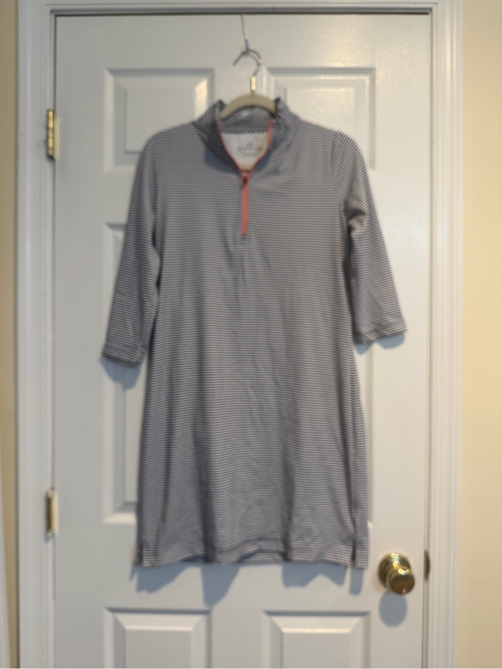 Southern Tide Navy and White Striped Quarter-Zip with Coral Trim